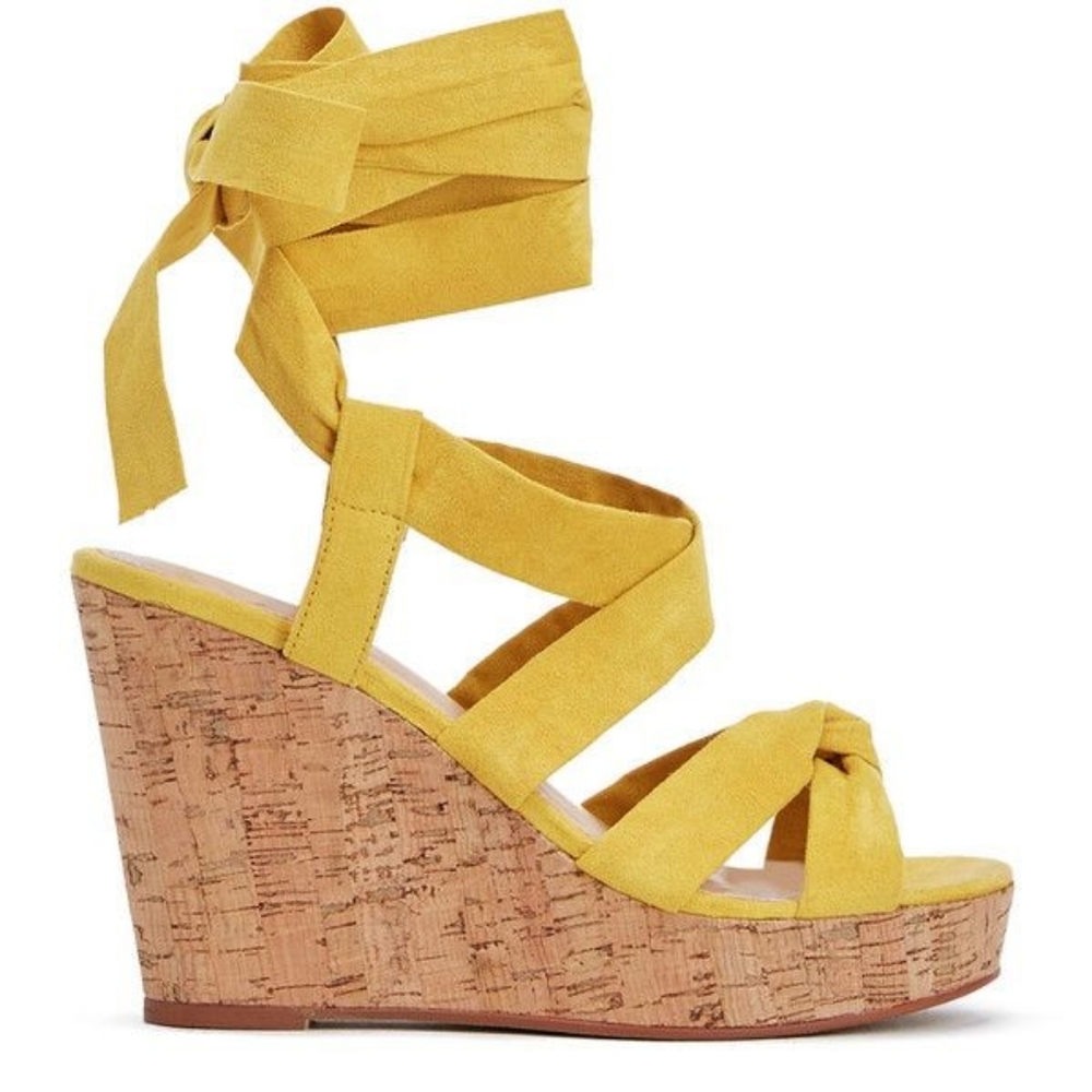 2026 TREND COLOR CANARY FAUX SUEDE LACE UP WEDGE SANDAL 7.5